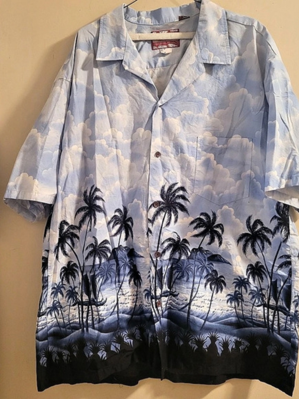 RJC Blue Tropical Scenic Palm Tree Landscape Camp Shirt Size 3X Vacation Cruise